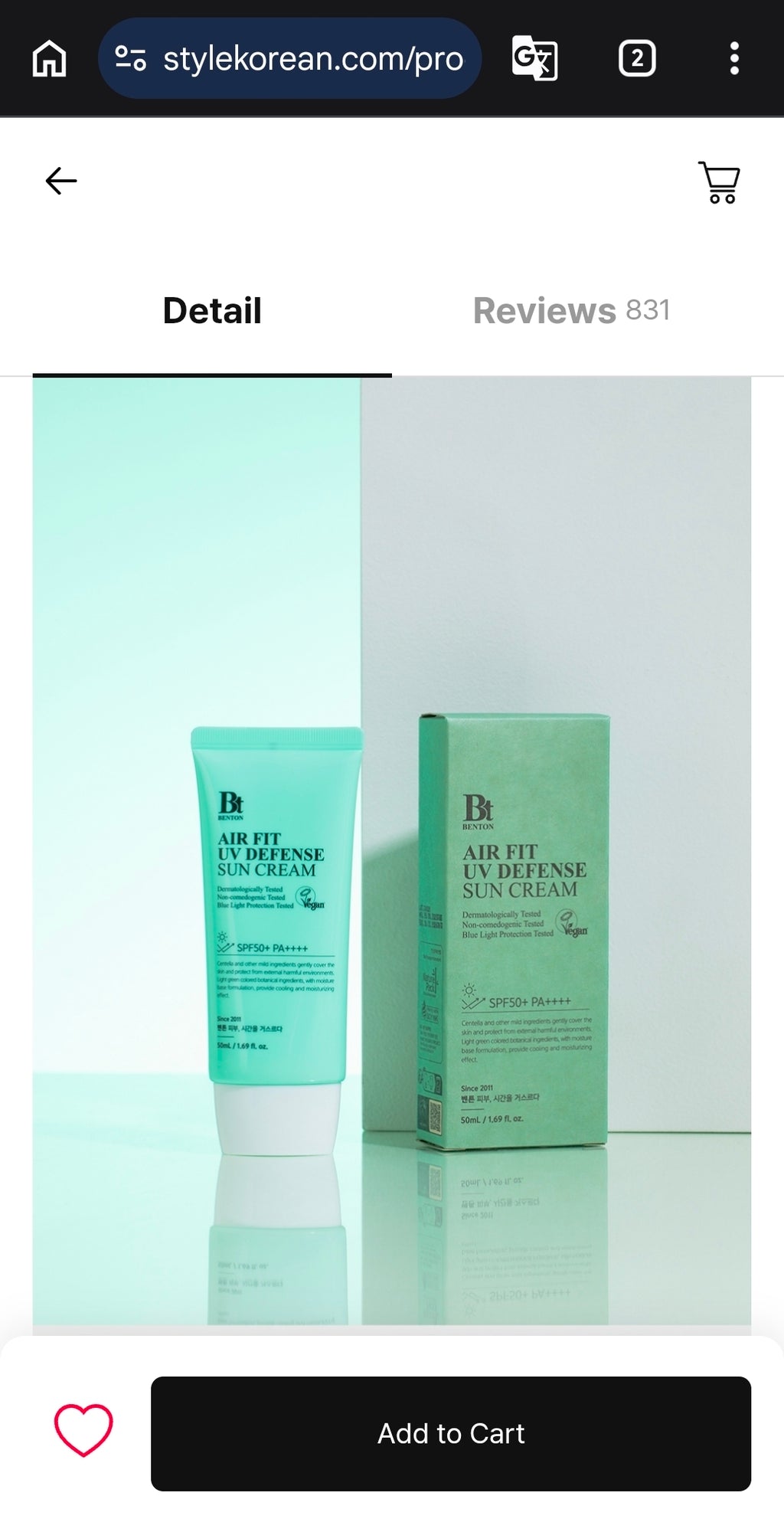 Benton Air Fit UV defense Sun Cream SPF50+/PA++++ 50ml